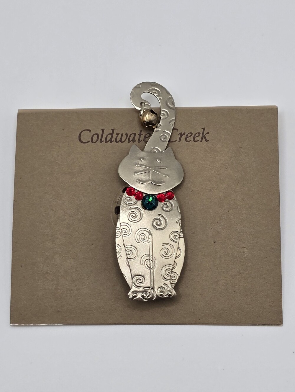 Christmas Kitty Coldwater Creek Cat Pin Brooch Silver NIP